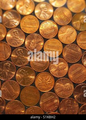 Nahaufnahme von glänzendem Kupfer Pfennige, USA Stockfoto