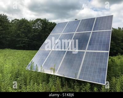 Solar-Panels stehen auf einer Wiese an einem bewölkten Tag in Massachusetts, USA. Stockfoto