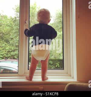 Elf Monate alten Jungen in einem Fenster stehen. Stockfoto