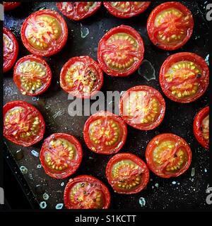 Gebratene Tomaten auf Backblech Stockfoto