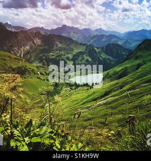 Blick auf den Seealpsee vom Zeigersattel in den Bayerischen Alpen, Deutschland Stockfoto