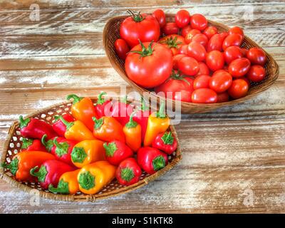 Obst und Gemüse: homegrown, Bio Tomaten und verschiedene kleine Paprika in Körben Stockfoto