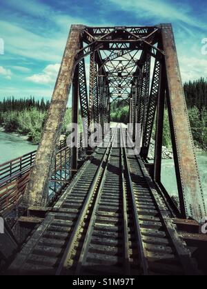 Zug Spuren über Metall Eisenbahn Brücke zu Bäume auf ferne Ufer. Stahl Eisenbahnbrücke zwischen und Denali Fairbanks, Alaska Stockfoto