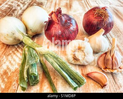 Rote Zwiebeln, weiß mit grünen Zwiebeln, Knoblauch und Zwiebeln Stockfoto