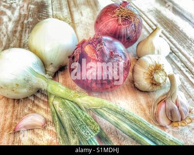 Rote Zwiebeln, weiß mit grünen Zwiebeln, Knoblauch und Zwiebeln Stockfoto