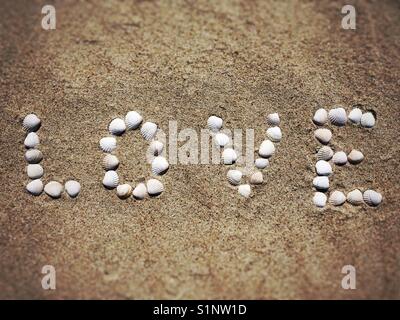 Liebe Wort von Muscheln am Strand gemacht Stockfoto