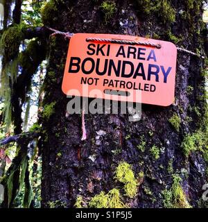 Ein Schild an einem Baum, Ski Area boundary nicht bewacht Stockfoto