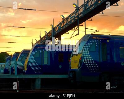 Züge im Depot bei Sonnenuntergang geparkt Stockfoto