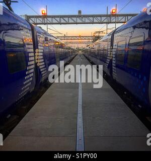 Perspektivische Ansicht von zwei scotrail Züge in einem Depot bei Sonnenaufgang geparkt. Stockfoto