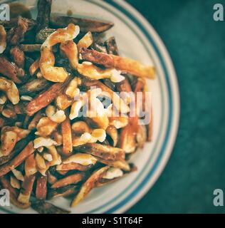 Kanadischer Poutine mit frisch geschnittenen Pommes Frites, Käsekrümmen und brauner Soße Stockfoto