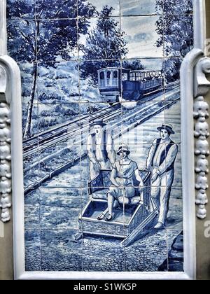 Blaue und weiße Dose - Glasierte keramische Fliese bild Verzieren einer Außenwand des Ritz Hotel, Funchal, Madeira, Portugal Stockfoto