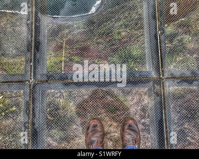 POV stehend auf dem Glas skywalk Aussichtsplattform, 580 m über dem Meer, Miradouro do Cabo Girao, Madeira, Portugal. Stockfoto