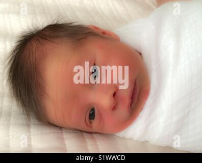 Neugeborenes Baby in eine weisse Decke mit Salz abgerieben Stockfoto