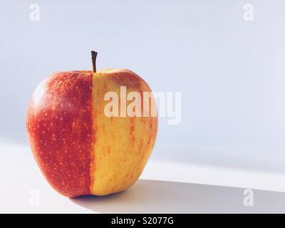 Eine interessante Apple, dass Rot auf der einen Hälfte ist und meistens gelb auf der anderen Hälfte. Auf weissem Hintergrund. Natürliches Licht. Platz für Kopieren. Stockfoto