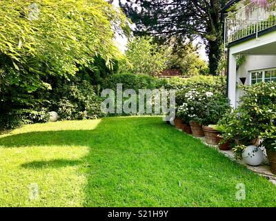 Garten mit Bäumen und Pflanzen und Haus Casting Shadows auf Rasen Stockfoto