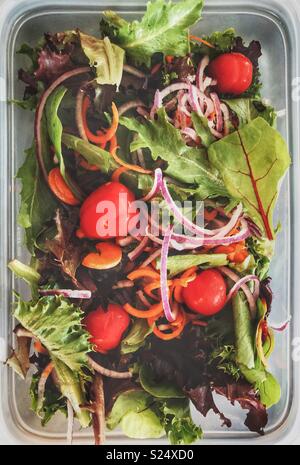 Frischer Salat mit verschiedenen Grüns, spiralized Karotten und Zwiebeln Stockfoto