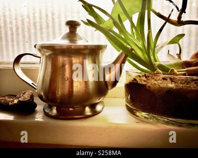 Edelstahl Teekanne und ein Recycling Garten in s Küche Fenster Stockfoto