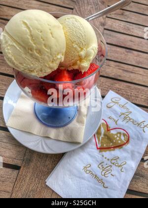Eine leckere Portion frische Erdbeeren und Vanilleeis. Stockfoto
