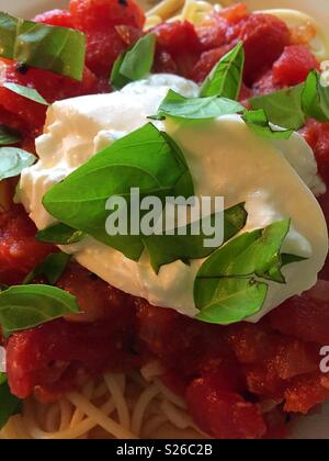 Burrata Käse und frischem Basilikum auf einem Teller Spaghetti mit Pasta Marinara Sauce Stockfoto