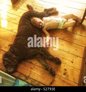 Ein Jahr alten Jungen und einem labradoodle Hund auf dem Boden zu schlafen Stockfoto