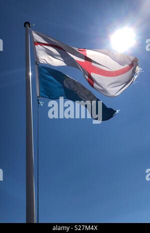 Sonne scheint auf einem England Flagge und ein Yorkshire weiße rose Flagge, fliegen in den Wind - beide mit einem Fahnenmast befestigt Stockfoto