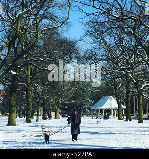 Mann und seinem Hund zu Fuß durch den Park im Schnee Stockfoto