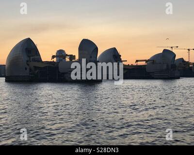 Die Thames Barrier, London's Flood Gate auf der Themse bei Sonnenuntergang, London Großbritannien vom Fluss Juli 2018 getroffen Stockfoto