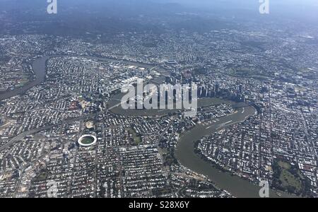 Luftaufnahme von Brisbane City, Brisbane River, Gabba, Kangaroo Point, New Farm, Queensland, Australien Stockfoto