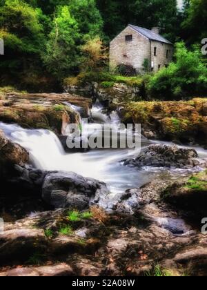 Cenarth fällt und die alte Mühle, River Teifi, Cenarth, Ceredigion, West Wales. Stockfoto