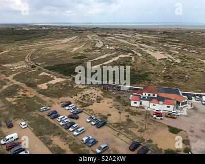 Dungeness Station auf der Romney, Hythe & Dymchurch Barrow gauge Steam Railway Schuß von der Oberseite des alten Leuchtturm, Kent GROSSBRITANNIEN Stockfoto