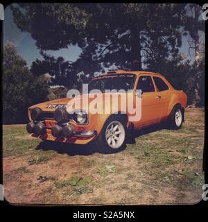 Ford Escort Rallyefahrzeug. Woodland Waters, Ancaster, Lincolnshire, Großbritannien. Stockfoto