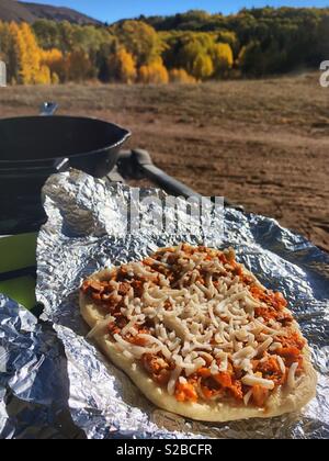 Vegan Lagerfeuer Pizza Stockfoto