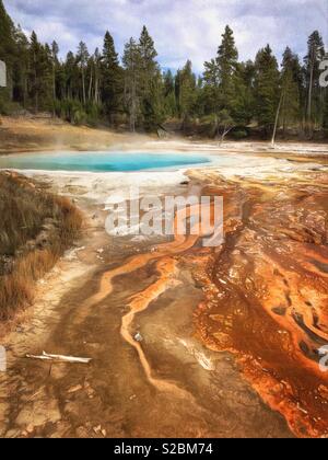 Malerische Behandlung von thermischen Abfluss Kanäle bei Silex Frühling im Yellowstone National Park, Wyoming, USA Stockfoto