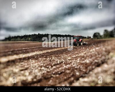 Traktor mit Rotator, Sutton Heide, Suffolk, Großbritannien. Stockfoto