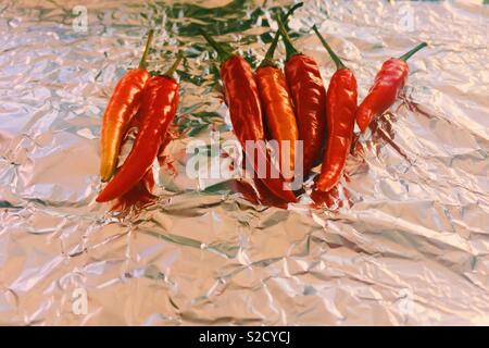 Rote Chilis auf Alufolie Stockfoto