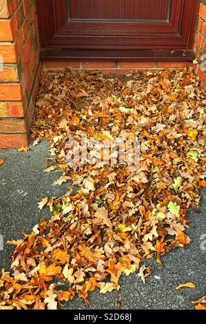 Blätter durch die vordere Tür nach einem Herbst wind Stockfoto