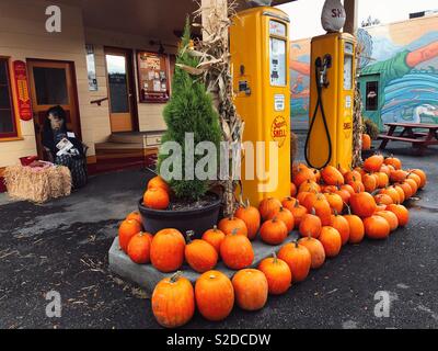 Vintage restauriert Shell Gas Station in Issaquah WA mit orange Kürbisse und lustige vogelscheuche eingerichtet Stockfoto