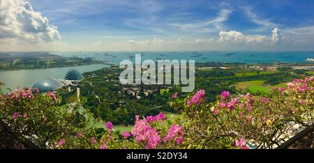 Blick auf Singapurs Gärten durch die Bucht und den Hafen mit Bougainvillea vom Balkon an der Marina Bay Sands Hotel Stockfoto