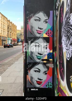 Symbol Aretha Franklin Pop Art Stil graffiti in Hoxton, London, England. Stockfoto