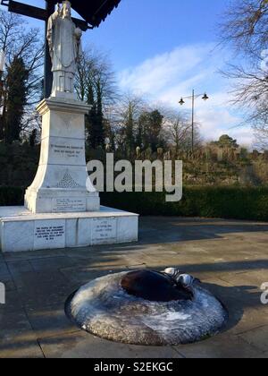 Irische Wetter. Zwei Tauben Trinkwasser aus einer gefrorenen kleinen Brunnen im kalten Wintermorgen. Städtische Umwelt mit Jesus Statue und blauer Himmel. Stockfoto