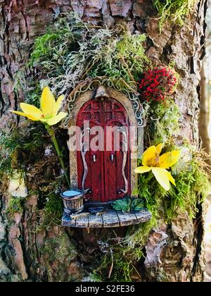 Magic red fairy Haus Tür auf den Baumstamm in Holz, mit gelben und roten Blüten und andere Blattwerk dekoriert Stockfoto