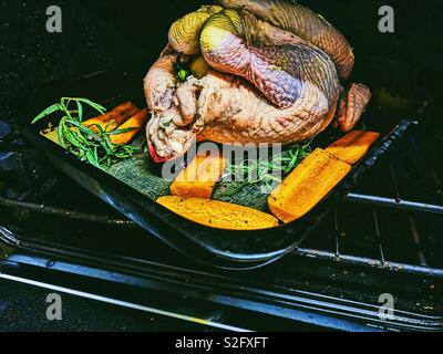 Gefüllte Huhn in der Röstung mit Karotten und Kräutern im Ofen fertig zu kochen Stockfoto