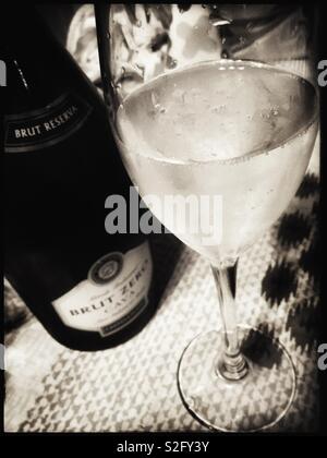 Ein Glas und eine Flasche Cava brut Castellblanc Null Wein, Katalonien, Spanien. Stockfoto