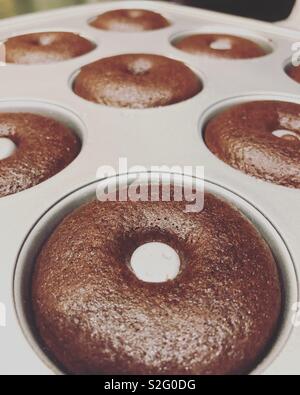 Donut pan mit hausgemachte Schokolade gebackene Krapfen gefüllt Stockfoto