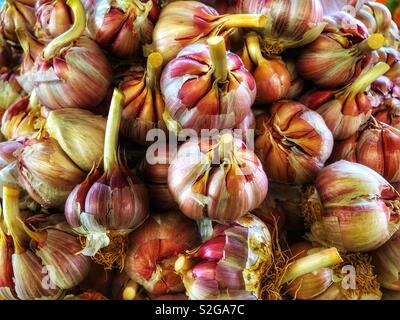 Zwiebeln Knoblauch zum Verkauf in Agadir, Marokko, Afrika Stockfoto