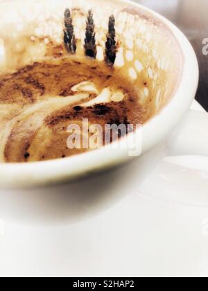 Die Hälfte getrunken Tasse leckeren schaumigen Cappuccino in weißen Schale, Nahaufnahme. Stockfoto