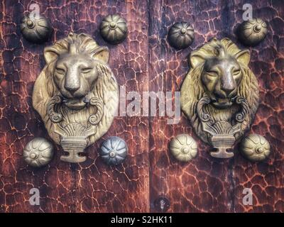 Löwenkopf Türklopfer in der Altstadt von Cartagena, Kolumbien. Stockfoto