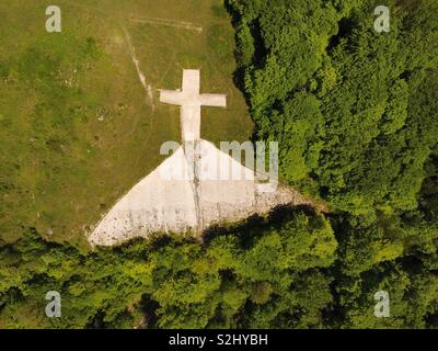 Luftaufnahme des Whiteleaf Kreuz auf Bürste Hügel, in der Nähe von Princes Risborough, England, einem Hügel in Chalk Cut, in der Nähe von Woodford, wahrscheinlich der prähistorischen Ursprung Stockfoto