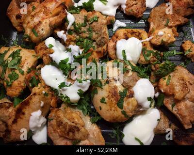 Home Kochen. Pan griddled Tandoori Chicken. Saftig gegrillte Flamme gekochtes Fleisch mit Joghurt und Koriander. Lecker scharf gewürzte Speisen Stockfoto