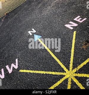 Bunte Kompassrichtung Markierungen auf einer asphaltierten Spielplatz. Stockfoto